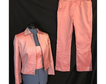 VALENTINO 3Pc Red Shimmer Poplin Cropped Jacket 8 Strapless Tube Top 8 Pants 10