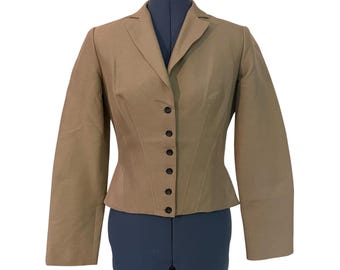 Charles Chang Lima Tan Cotton Silk Lined Peplum Blazer Jacket Luxury Chic Work 8