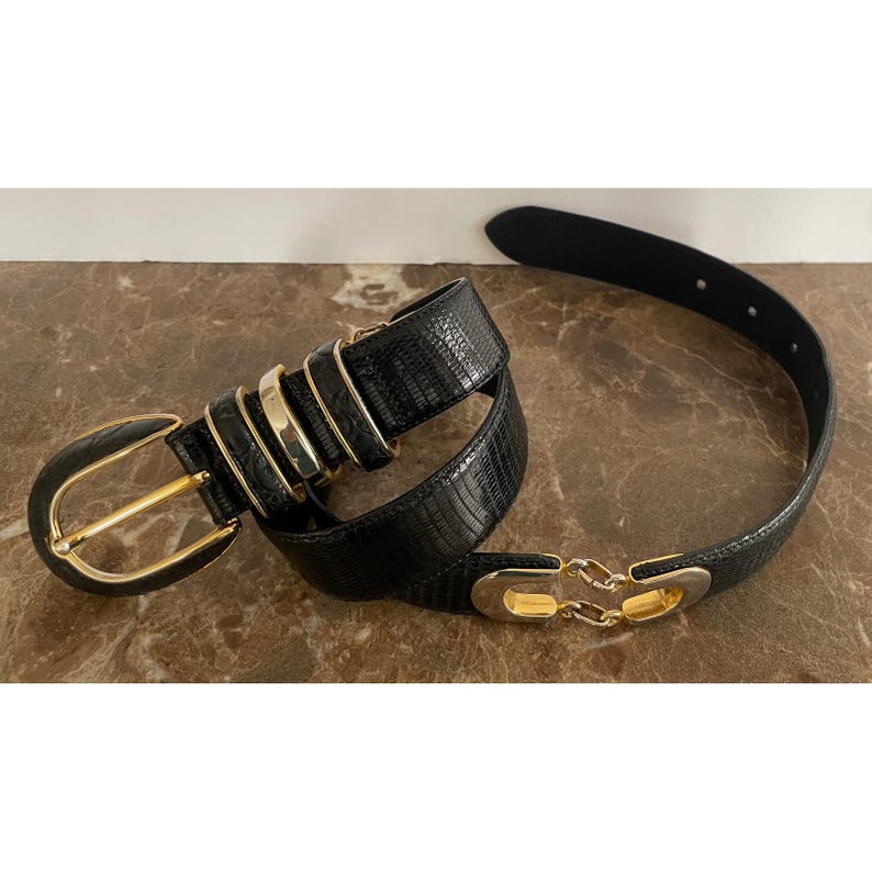 Vtg Cale Sarah Peck Black Lizard Crocodile Leather Belt Silver Gold Accents M image 2