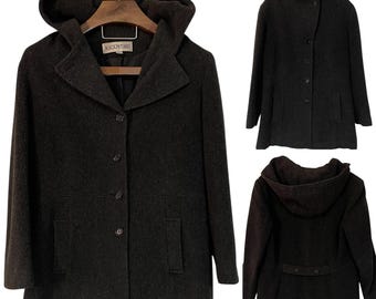 Vtg MACKINTOSH Womens Gray Wool Hooded Button Front Coat Academia Classic Cozy L