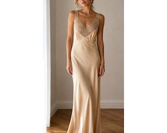 Vintage Heavenly Silk Lingerie by Fischer Silk Lace Nightgown Slip Dress Gold S