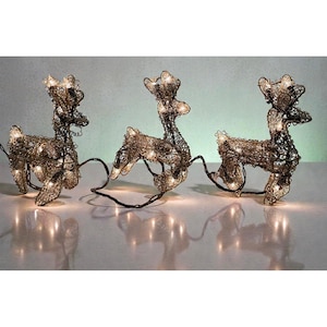 Könnte beinhalten: Drei dekorative Rentierfiguren aus Draht, beleuchtet mit kleinen Lichtern. Die Rentiere sind braun und goldfarben, mit einer strukturierten Oberfläche. Die Lichter sind warmweiß und erzeugen einen festlichen Glanz. Die Figuren sind durch einen schwarzen Draht verbunden.