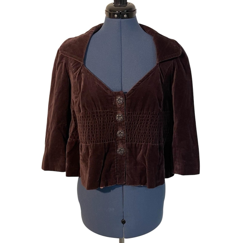 Anthropologie Elevenses Brown Velvet Victorian Peplum Crop Jacket Boho Chic 4 image 2