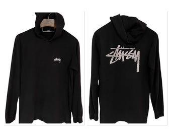 Stussy Mens Black Long Sleeve Hooded T-Shirt Stock Logo Graphic Size L