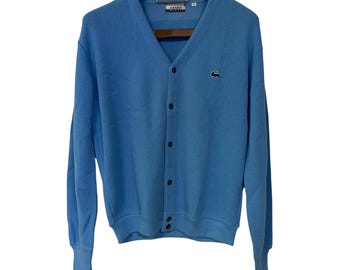 Cardigan da uomo vintage Izod Lacoste blu con logo coccodrillo, taglia XL, stile preppy nonno.