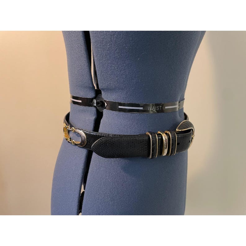 Vtg Cale Sarah Peck Black Lizard Crocodile Leather Belt Silver Gold Accents M image 11