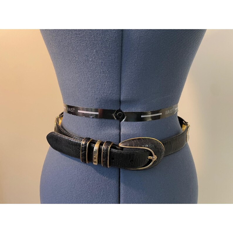 Vtg Cale Sarah Peck Black Lizard Crocodile Leather Belt Silver Gold Accents M image 13