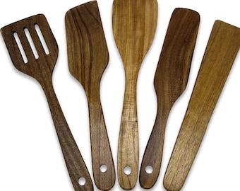 USA Made 5 Piece Set TEAK Rustic  Wood Handmade Kitchen UTENSILS Set No Coating Spatulas Cooking Baking Serving Mixing Dixie Cowboy