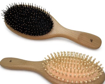 USA Made 2pc GIFT Set Boar Bristle Hair & Pin plus Wooden Pin Detangling Beechwood Wood 9.5” Brush Cushion Smoothing Finishing Wet Dry