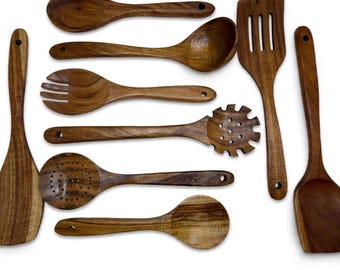USA Made 9 Piece Set TEAK Wood Handmade Kitchen UTENSILS Set Spatulas Ladel Spoons Cooking Baking Serving Mixing Dixie Cowboy