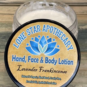 LAVENDER FRANKINCENSE Essential Oil LOTION Natural Organic Plant Based Cruelty Synthetic Free 5 oz Moisturizing Lone Star Apothecary