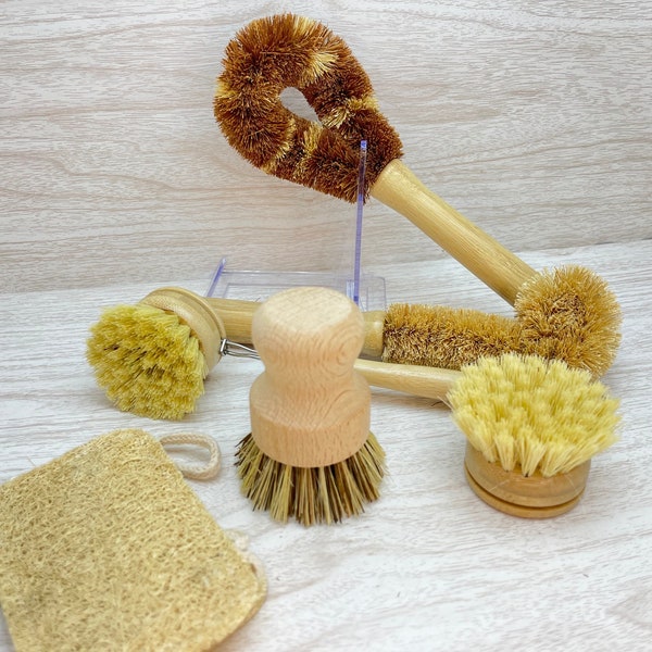 USA Made TAMPICO & COCONUT Fibre Brushes Bamboo loofah Scrub Brush Pot Bottle Cleaning 7pc Set Coir Dish Pan Cleaner Scrubber Scrubby