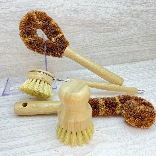 USA Made TAMPICO & COCONUT Fibre Brushes Bamboo loofah Scrub Brush Pot Bottle Cleaning 4pc Set Coir Dish Pan Cleaner Scrubber Scrubby