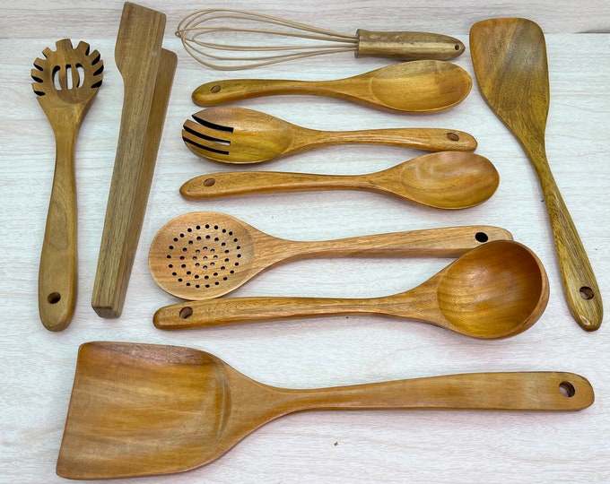 USA Made 10 Piece Set TEAK Wood Handmade Kitchen UTENSILS Set Spatulas Whisk Spoons Cooking