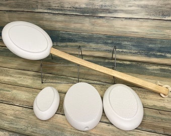 USA Made LOTION Applicator with 4 Pads Scrub Brush Reclaimed Wood Handle Body Shower Sponge Exfoliating Scrubber Back Bath Dixie Cowboy