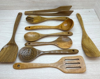 USA Made 9 Piece Set TEAK Wood Handmade Kitchen UTENSILS Set Spatulas Tongs Spoons Cooking Baking Serving Mixing Dixie Cowboy