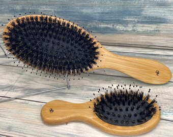 USA Made 2pc Set Boar Hair Nylon Pin Bamboo WOOD 9” Cushion Smoothing Styling Massaging Detangling Wet Dry Paddle Brush Hair Dixie Cowboy J3