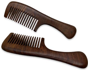 USA Made Whole Piece Thick EBONYWOOD 8” Handle Ebony Wood medium Wide Tooth Detangler Wet Dry Hair or Beard Comb Dixie Cowboy b31