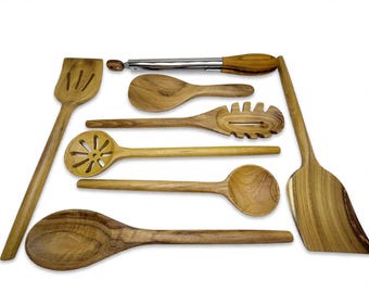 USA Made 8 Piece Set TEAK Wood Handmade Kitchen round handle UTENSILS Set Spatulas r Spoons Cooking Baking Serving tongs Mixing Dixie Cowboy