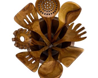 USA Made 9 Piece Set TEAK Wood Handmade Kitchen UTENSILS Set with Holder Spatulas Spoons Cooking Baking Serving Mixing Dixie Cowboy