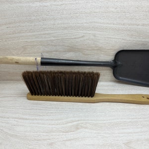 USA Made Horsehair Whisk Broom & Reclaimed Steel Utility Shovel Dustpan Set Brush Cleaning Ash Pan Firepit Fireplace Stove Texas Oak Wood