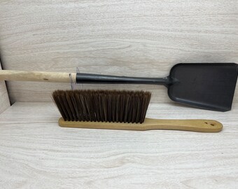 USA Made Horsehair Whisk Broom & Reclaimed Steel Utility Shovel Dustpan Set Brush Cleaning Ash Pan Firepit Fireplace Stove Texas Oak Wood