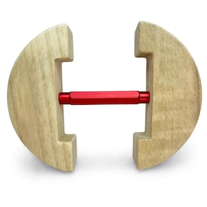 May include: A wooden tool featuring two light-colored, semi-circular wooden blocks with flat inner edges, connected by a central, horizontal, bright red hexagonal metal rod that spans the gap between the two wooden components.