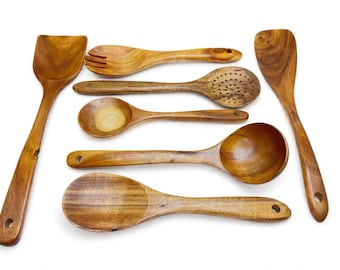 USA Made 7 Piece Set TEAK Rustic  Wood Handmade Kitchen UTENSILS Set food grade Spatulas Spoons Cooking Baking Serving Mixing Dixie Cowboy
