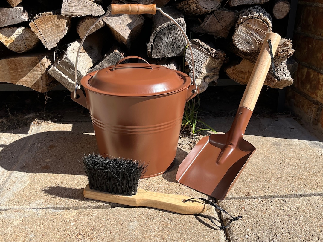 USA Made Fireplace Stove Whisk Broom & Shovel BUCKET With Lid Dustpan