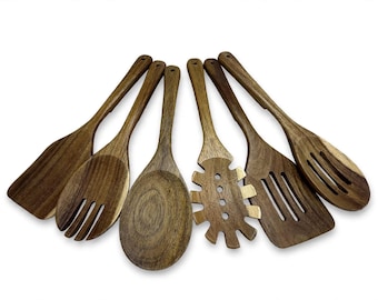 USA Made 6 Piece Set ACACIA Rustic  Wood Handmade Kitchen UTENSILS Set No Coating Spatulas Spoons Cooking Baking Serving Mixing