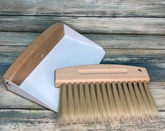 USA Made Handmade Beechwood & Vegan Friendly Faux Boar Broom with Dustpan Whisk Car Table Corner Hand Brush Cleaning Kitchen Dixie Cowboy