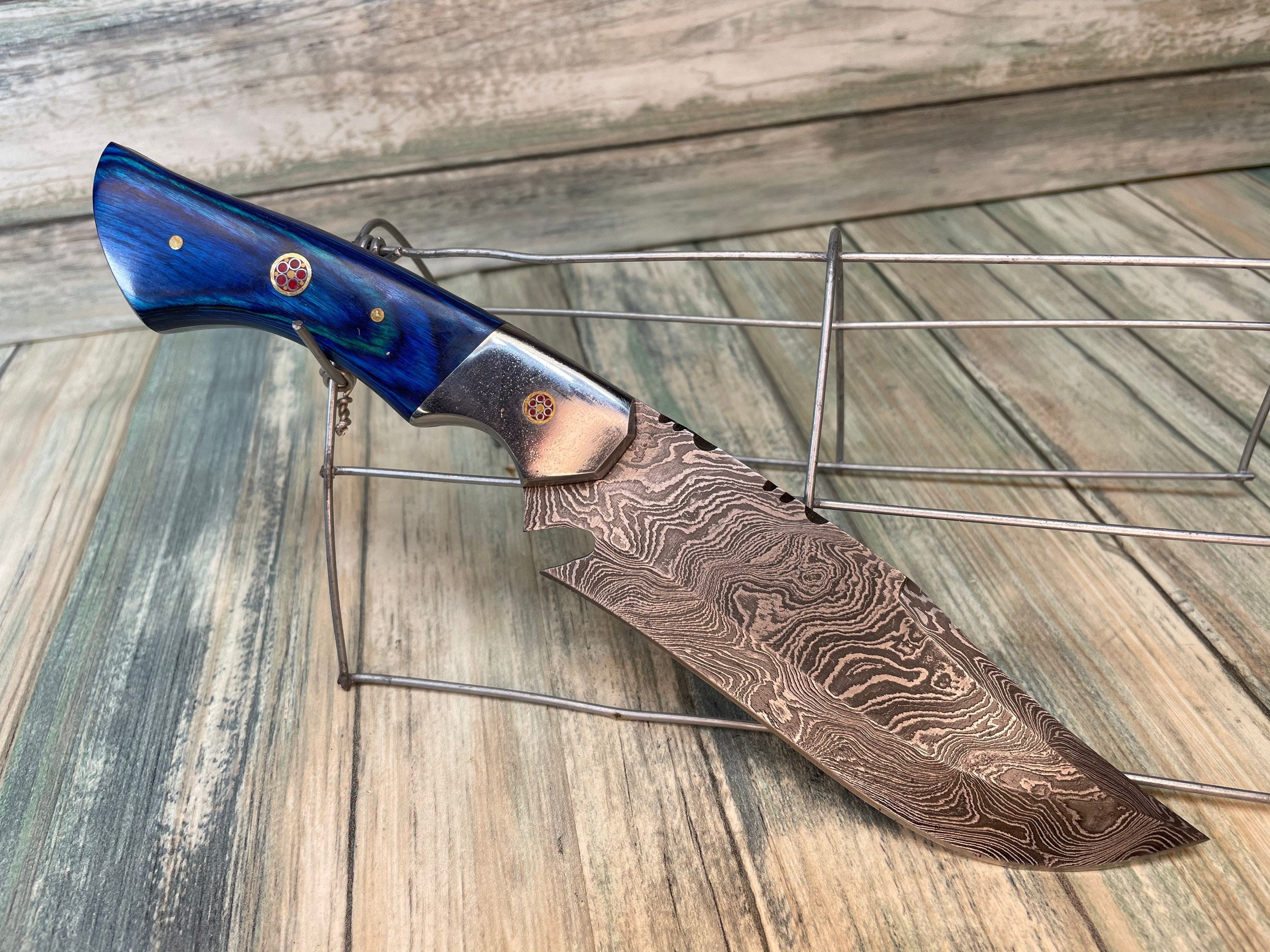 On Sale USA Made Blue PAKKAWOOD Wood Handle 10” Tracker BOWIE Knife  Damascus Leather Sheath Hunting Camping Steel Fixed Blade Dixie Cowboy