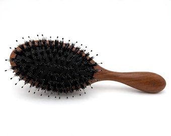USA Made American Black WALNUT Wood Boar Hair & Nylon Pin Bristle Styling Smoothing Dry Wet 8.5” Cushion Paddle Brush Beard Head Dixie Cowbo