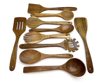 USA Made 10 Piece Set ACACIA Wood Handmade Kitchen UTENSILS Set Spatulas Ladel Spoons Cooking Baking Serving Mixing Dixie Cowboy