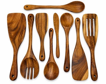 USA Made 9 Piece Unique Set ACACIA Wood Handmade Kitchen UTENSILS Set Spatulas Spurtles Spoons Cooking Baking Serving Mixing Dixie Cowboy