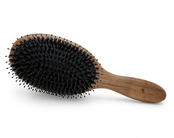 USA Made American Black Walnut Wood Boar Hair & Nylon Pin Bristle Styling Smoothing Dry Wet 9.5” Cushion Paddle Brush Head Dixie Cowboy