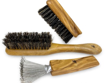 USA Made 3pc OLIVE Wood & BOAR Hair  Beard Hair Brush Set with Cleaner Bristle Brush Beards Short Hair Dixie Cowboy