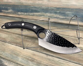 USA Made Handmade Black Wood Handle 11” Boning Cleaver Fingerhole Meat Chef KNIFE & Sheath Kitchen High Carbon Steel BBQ Fish Dixie Cowboy