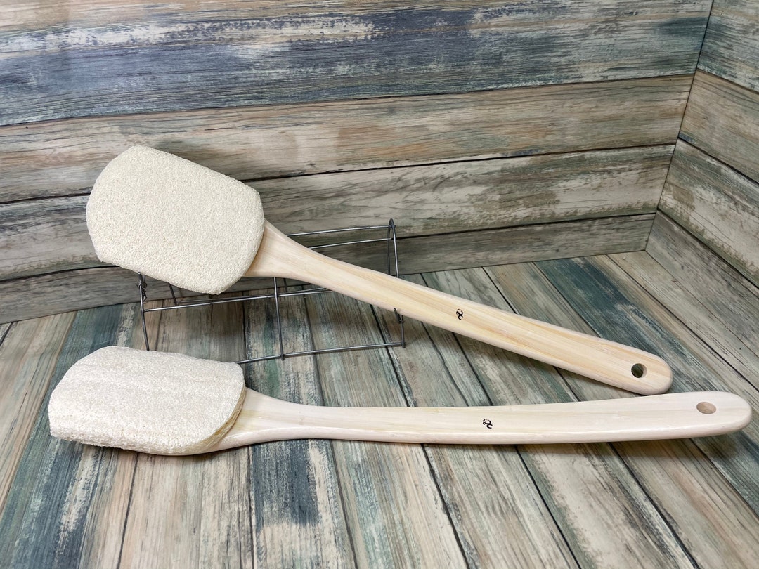 USA Made Organic LOOFAH Luffa Scrub Brush XL Size 18 Bamboo Wood Handle