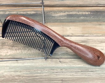 USA Made Red Sandalwood Wood & Buffalo Ox HORN COMB Detangler Fine Tooth 7.5” Round Handle Hair Beard Dixie Cowboy Anti Static C17