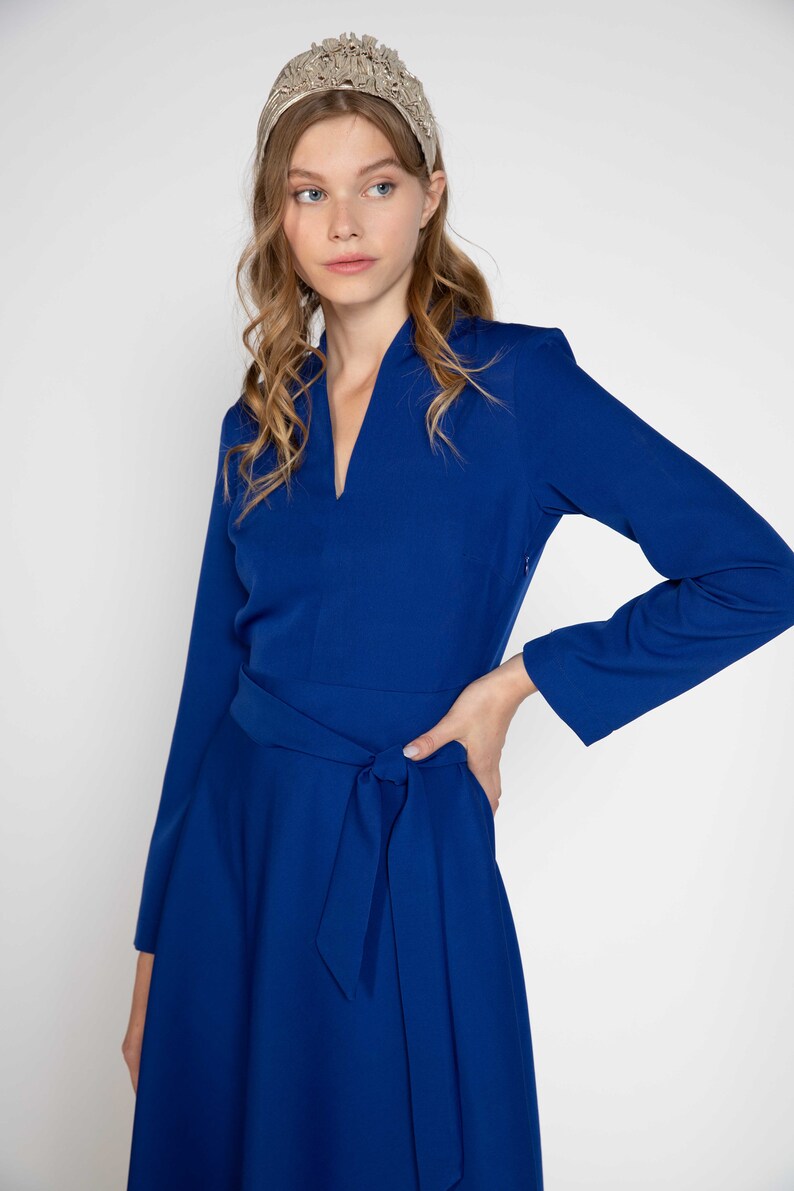 Modest midi blue dress Women's Elegant solid Dress | Etsy