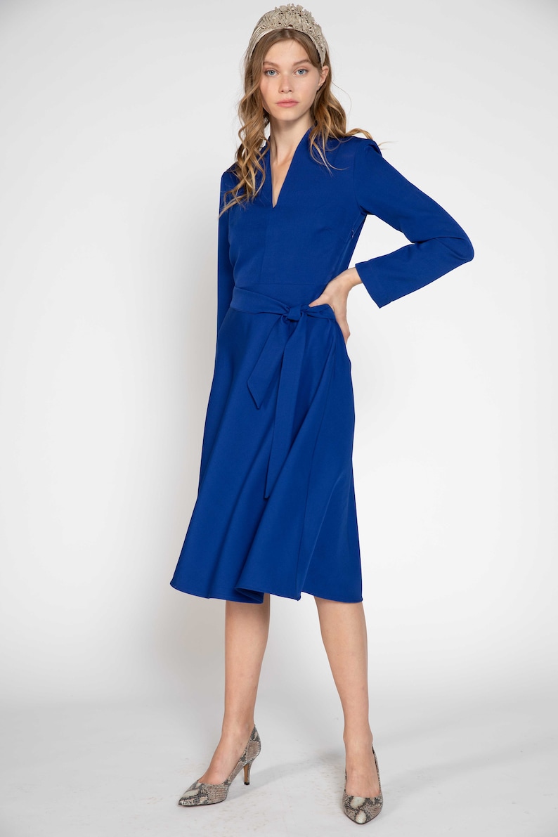Modest midi blue dress Women's Elegant solid Dress | Etsy