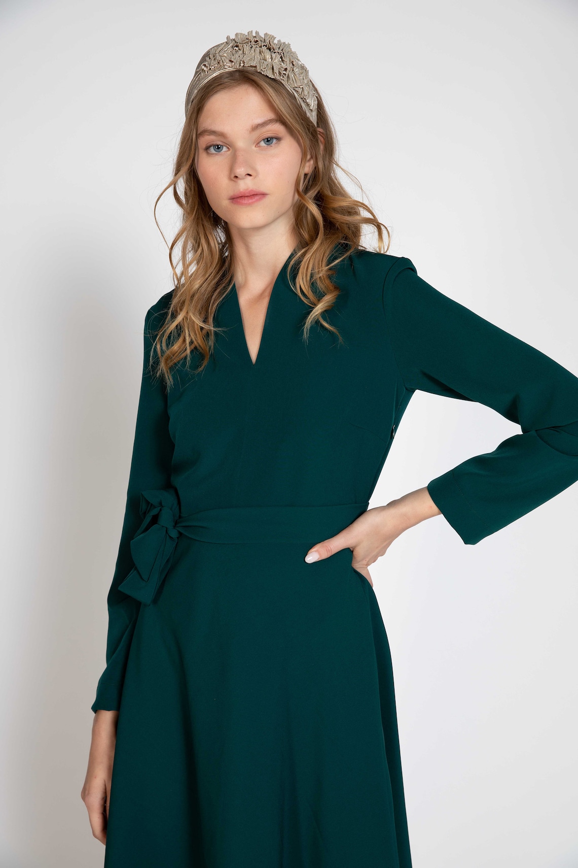 Green winter dress long sleeve dress woman dress fit and | Etsy