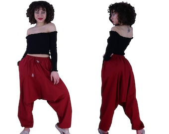 Low Cut Harem Pants with pockets red