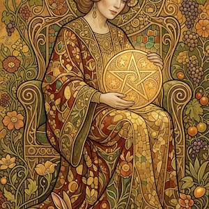 May include: A decorative illustration featuring a figure in a patterned robe holding a glowing golden disc with a star emblem. The scene includes a rabbit, intricate floral motifs, grape clusters, and a flowing stream, all rendered in warm gold, brown, and orange tones.
