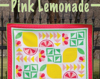 Pink Lemonade PDF Modern Quilt Pattern - A Summer of Lemons and Flowers using Drunkards Path and Applique Piecing