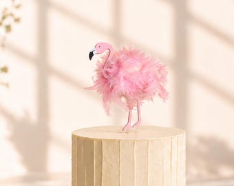 Pink Flamingo Cake Topper with Feathers – Bad Hair Day Flamingo Birthday & Baby Shower Party Cake Decoration