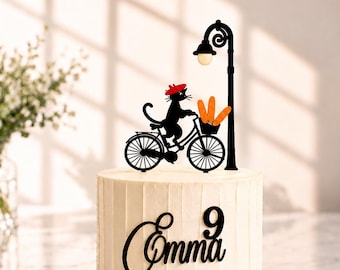 Paris Cat Cake Topper Personalized Name Age, Bicycle Cat Birthday Cake Decor, French Bakery Baguette, Paris Theme Birthday Party