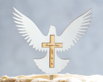 Décoration de gâteau de baptême personnalisée, colombe en bois peinte à la main
