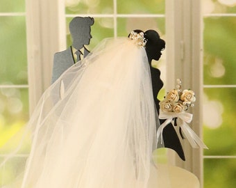 Wedding Cake Topper Wooden Bride And Groom With Long White Tulle And Lace Veil, Floral Bouquet And Corsage, Floral Centerpiece Pick